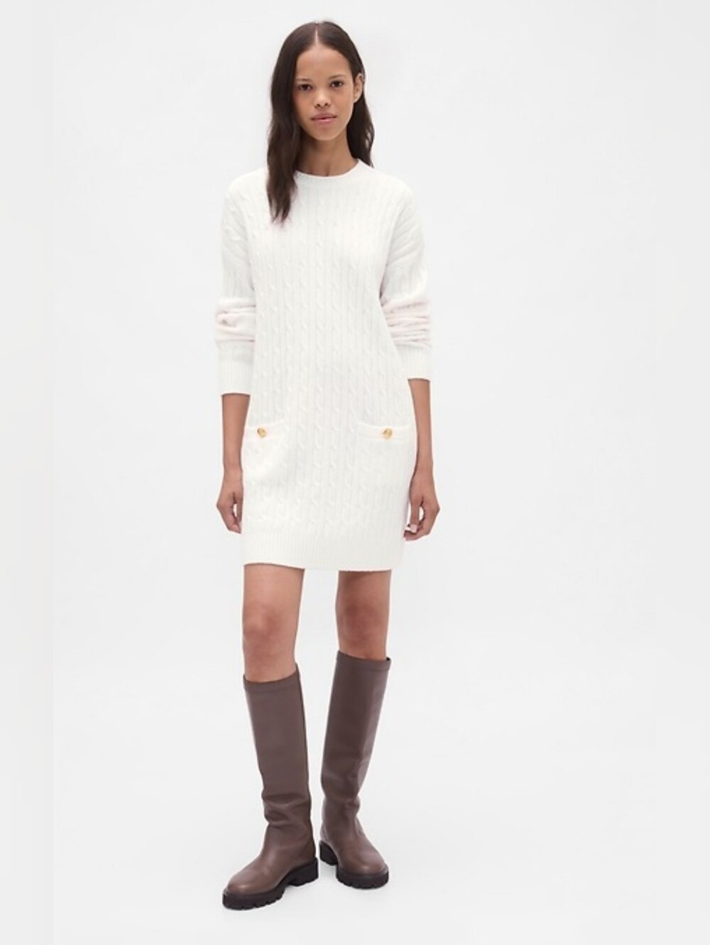 NWT GAP CashSoft White Cable Knit Pocket Sweater Dress